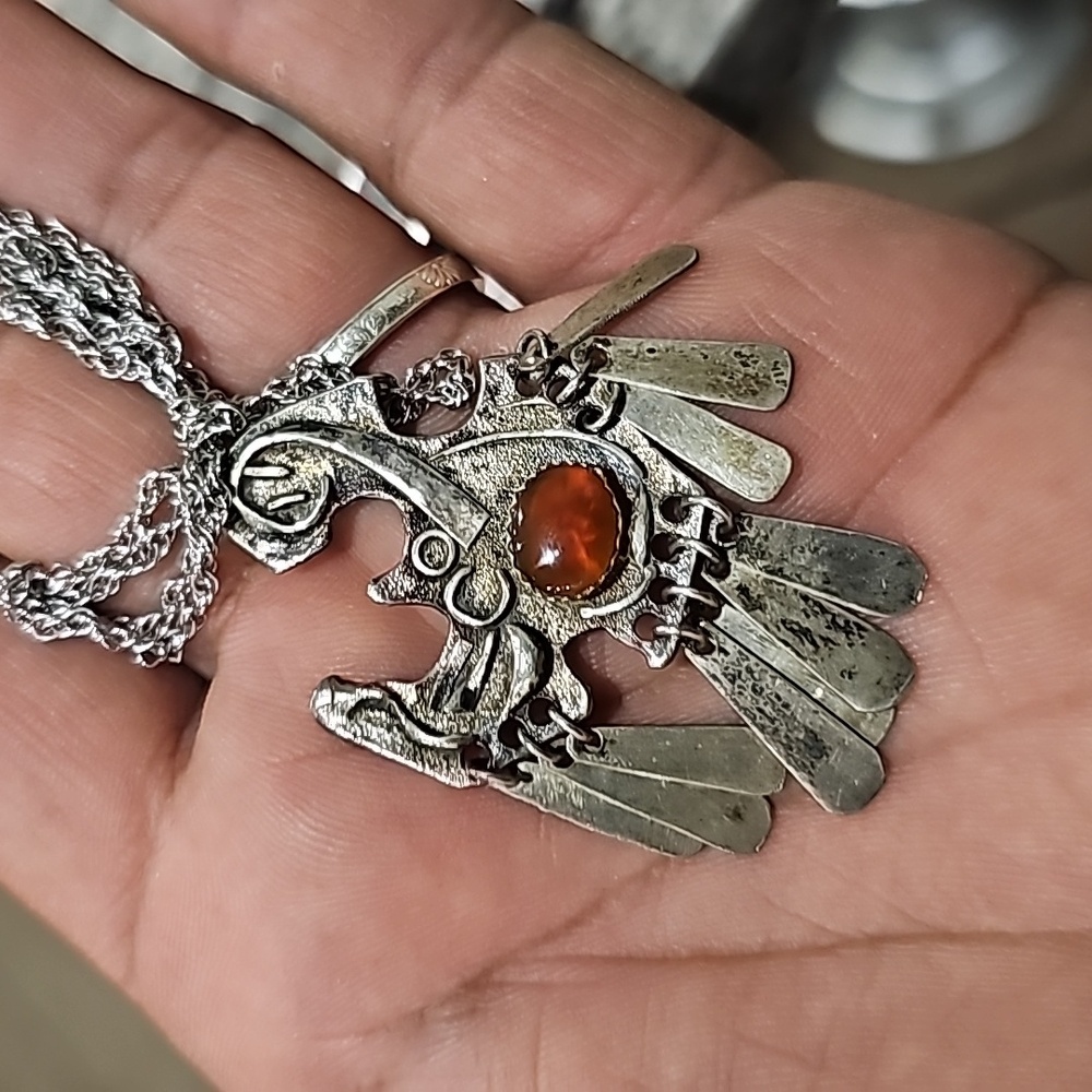 Vintage Silver-Tone Bird Pendant Necklace with Amber Stone